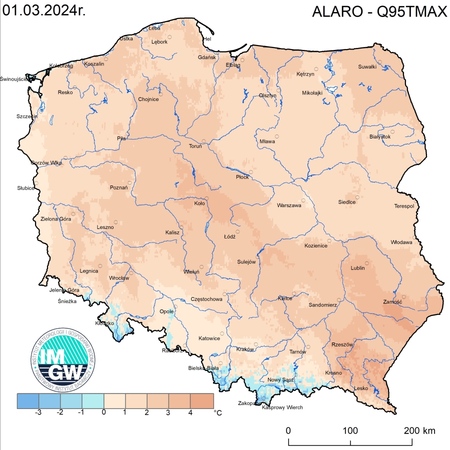 Anomalia prognozy TMAX (2024-03-01) względem notowanych charakterystyk wieloletnich (1991-2020): ALARO-Q95TMAX – ALARO-kwantyl 95% TMAX.