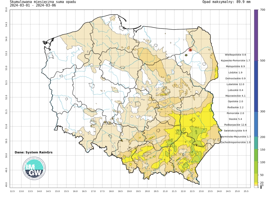 Suma skumulowanego opadu w marcu 2024 r.