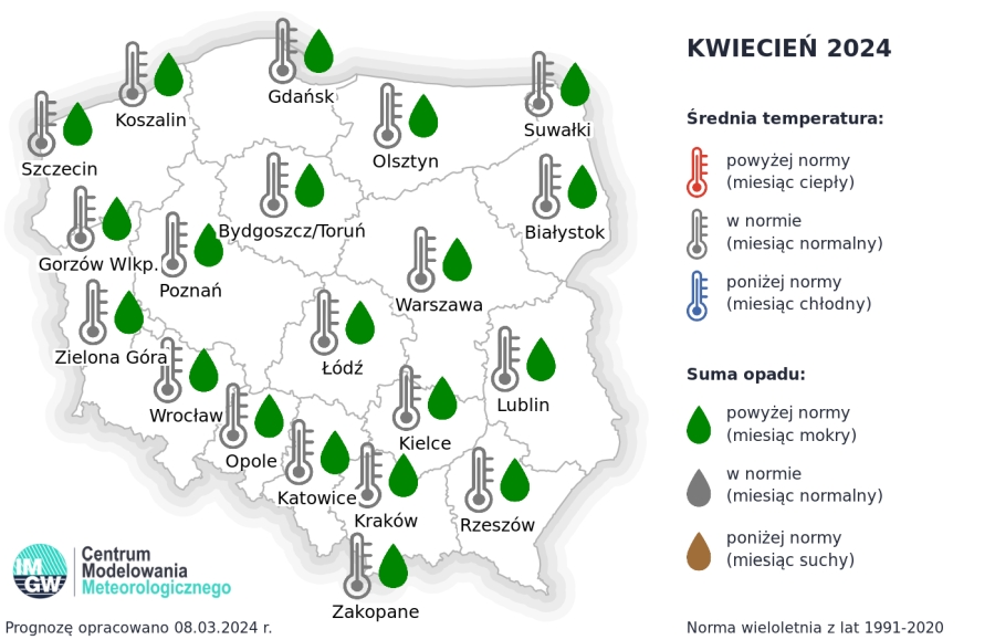 Rys. 1. Prognoza średniej miesięcznej temperatury powietrza i miesięcznej sumy opadów atmosferycznych na kwiecień 2024 r. dla wybranych miast w Polsce