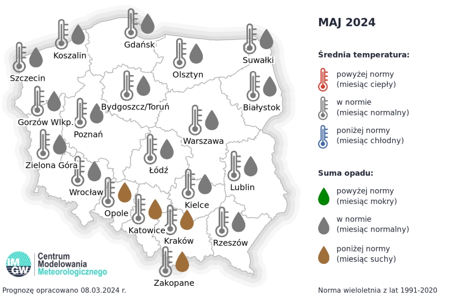 Rys.2. Prognoza średniej miesięcznej temperatury powietrza i miesięcznej sumy opadów atmosferycznych na maj 2024 r. dla wybranych miast w Polsce