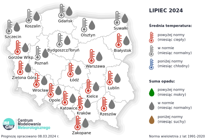 Rys. 4. Prognoza średniej miesięcznej temperatury powietrza i miesięcznej sumy opadów atmosferycznych na lipiec 2024 r. dla wybranych miast w Polsce