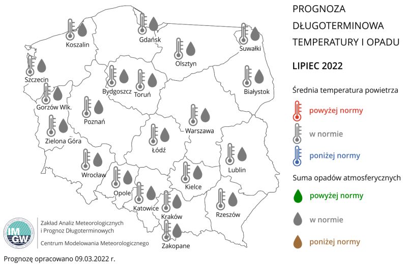 Prognoza średniej miesięcznej temperatury powietrza i miesięcznej sumy opadów atmosferycznych na lipiec 2022 r. dla wybranych miast w Polsce.