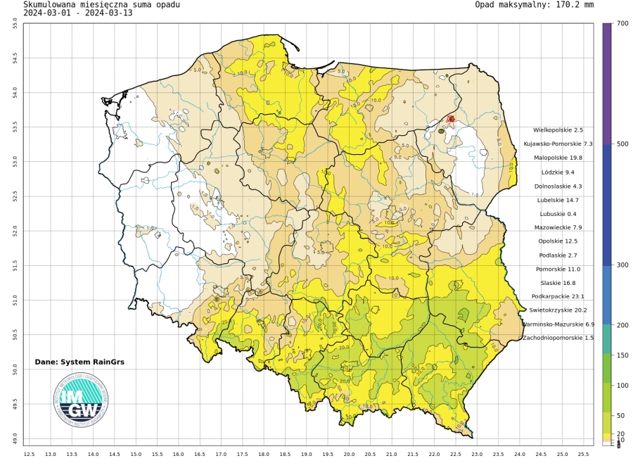 Suma skumulowanego opadu w marcu 2024.
