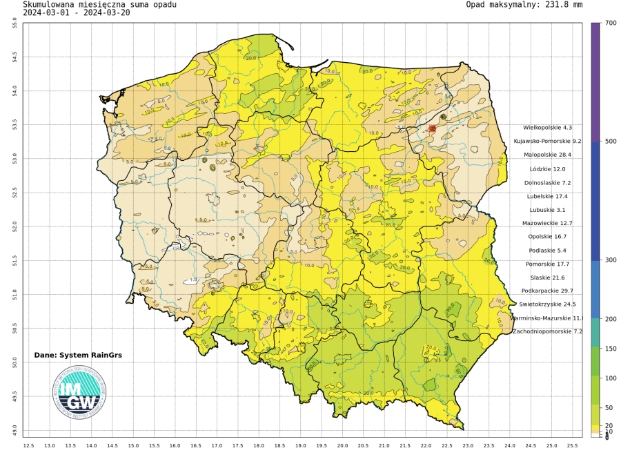 Suma skumulowanego opadu w marcu 2024.