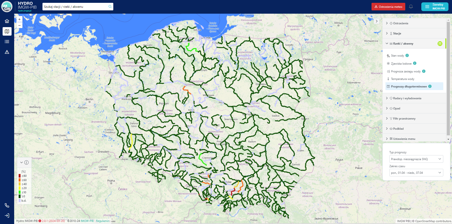 Prognostyczna mapa prawdopodobieństwa przekroczenia stanu ostrzegawczego w tygodniu 25-31.03.2024.