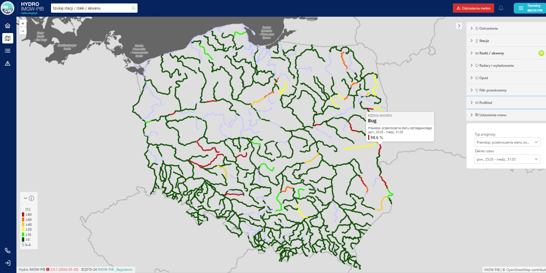 Prognostyczna mapa prawdopodobieństwa wystąpienia przepływu poniżej SNQ w tygodniu 01-07.04.2024.