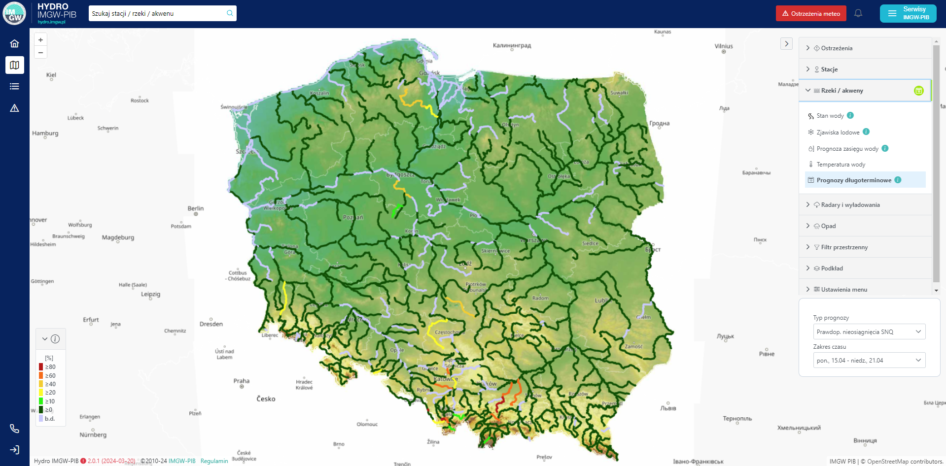 Prognostyczna mapa prawdopodobieństwa wystąpienia przepływu poniżej SNQ w tygodniu 15-21.04.2024.