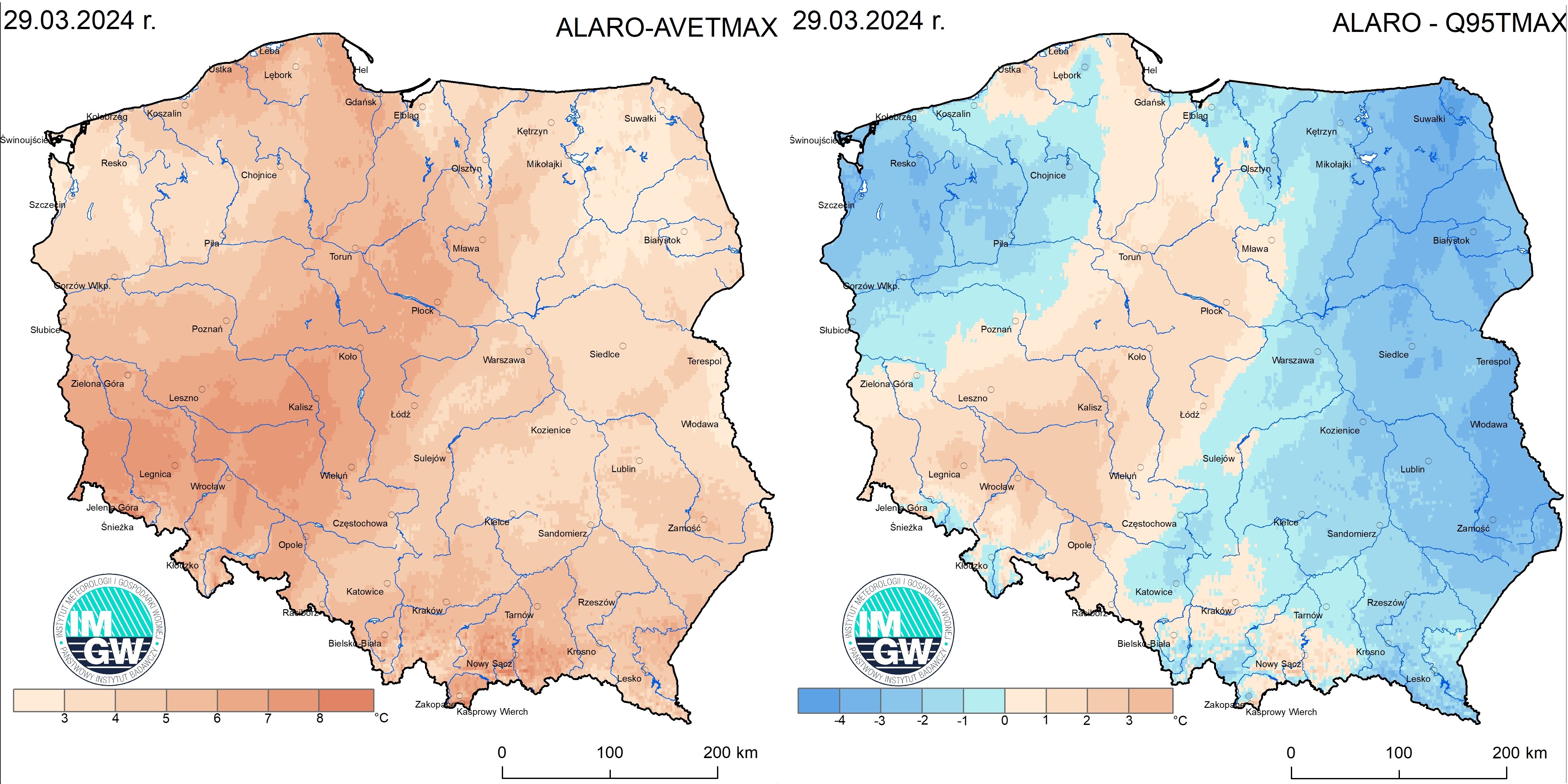 Anomalia prognozy TMAX (2024-03-01) względem notowanych charakterystyk wieloletnich (1991-2020): ALARO-AVETMAX – ALARO-wartość średnia TMAX (po lewej), ALARO-Q95TMAX – ALARO-kwantyl 95% TMAX (po prawej).