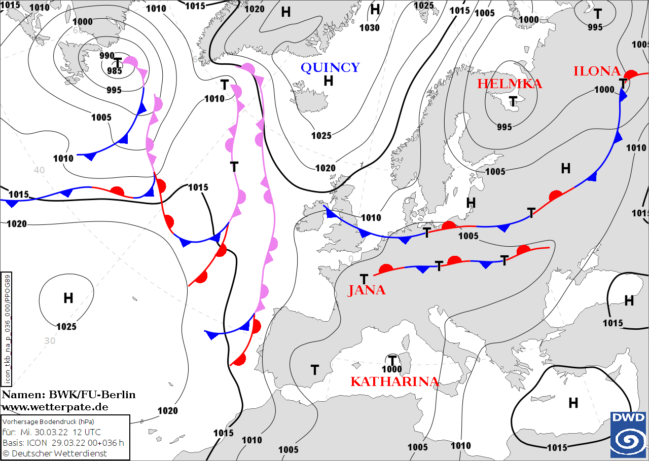 Prognozowana sytuacja synoptyczna na godzinę 12 UTC 30.03.2022