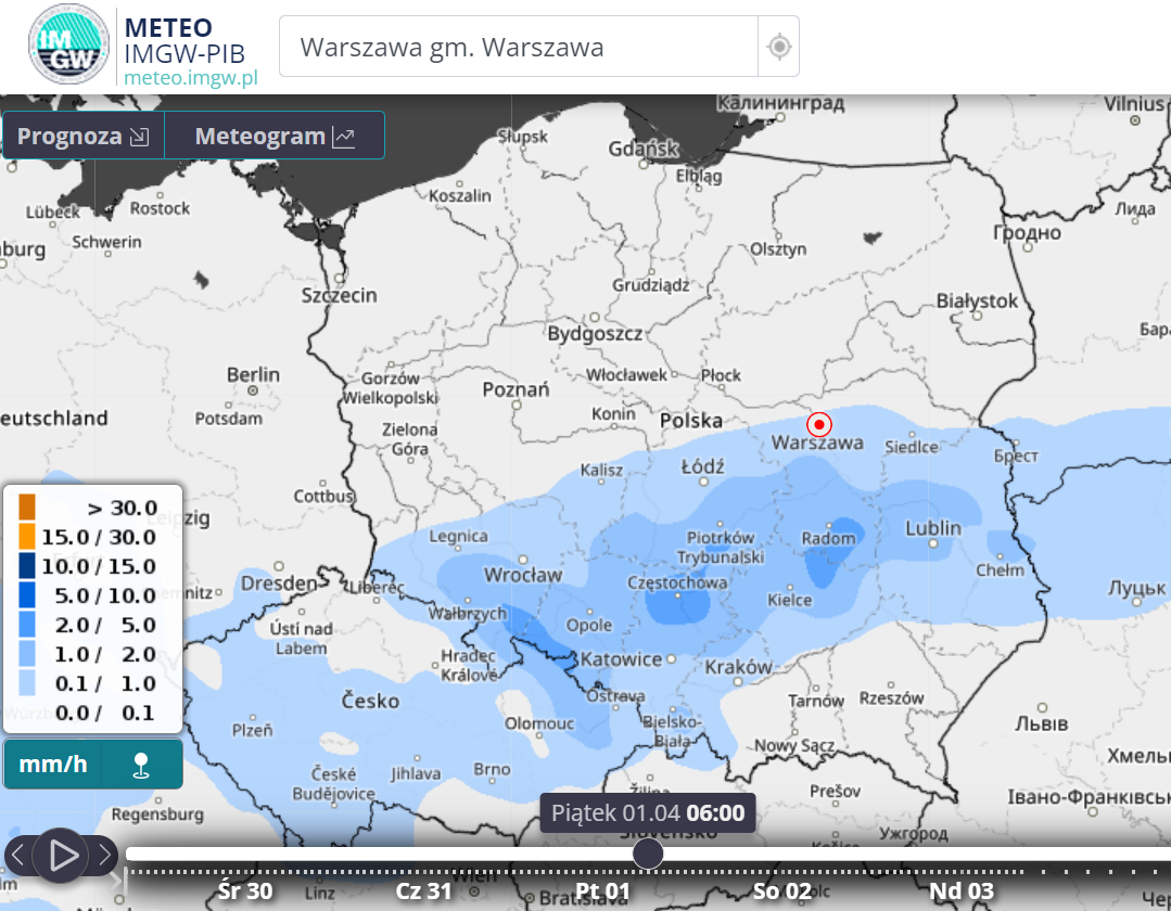 Prognoza opadów śniegu na piątek rano wg modelu GFS