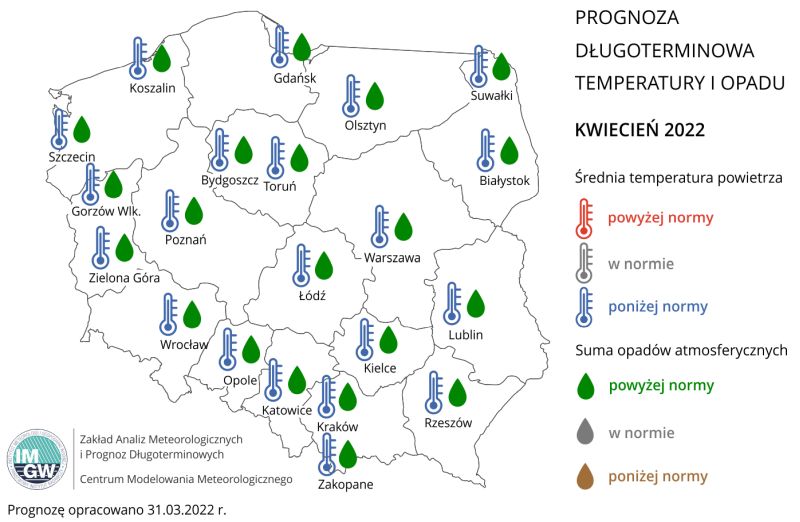 Prognoza średniej miesięcznej temperatury powietrza i miesięcznej sumy opadów atmosferycznych na kwiecień 2022 r. dla wybranych miast w Polsce.