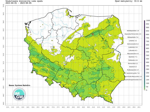 Suma skumulowanego opadu od początku kwietnia 2023.