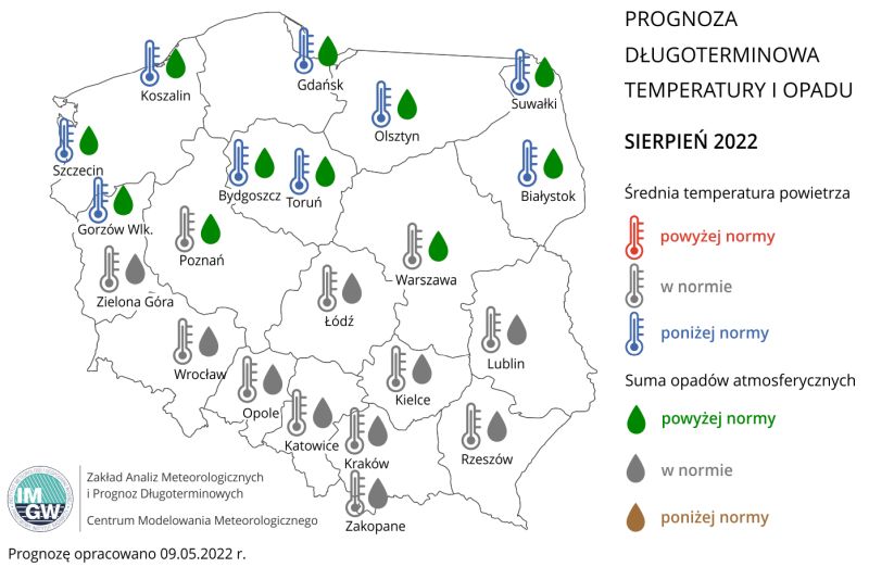 Prognoza średniej miesięcznej temperatury powietrza i miesięcznej sumy opadów atmosferycznych na sierpień 2022 r. dla wybranych miast w Polsce.