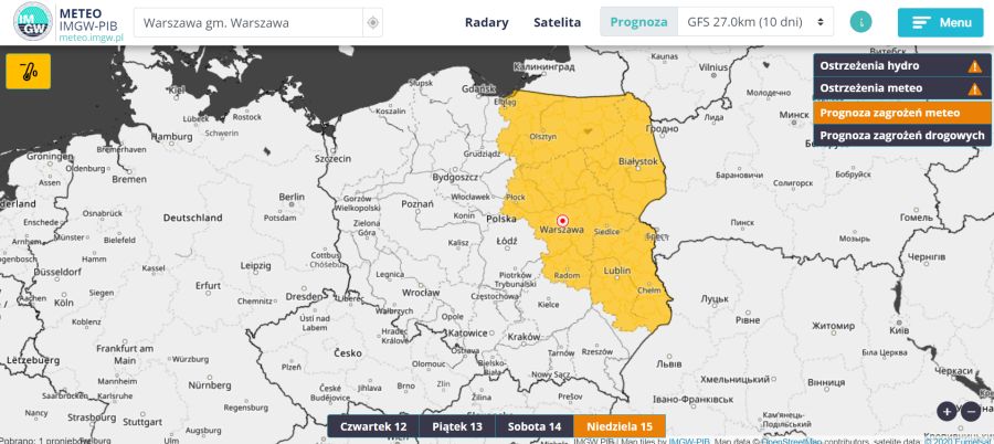 Mapa prognozowanych zagrożeń meteorologicznych (przymrozki) w niedzielę (15 maja) i noc z niedzieli na poniedziałek (15/16 maja 2022 r.) | https://meteo.imgw.pl/