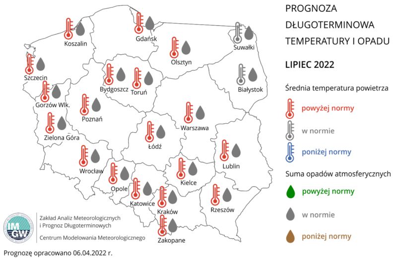 Rys.3. Prognoza średniej miesięcznej temperatury powietrza i miesięcznej sumy opadów atmosferycznych na lipiec 2022 r. dla wybranych miast w Polsce