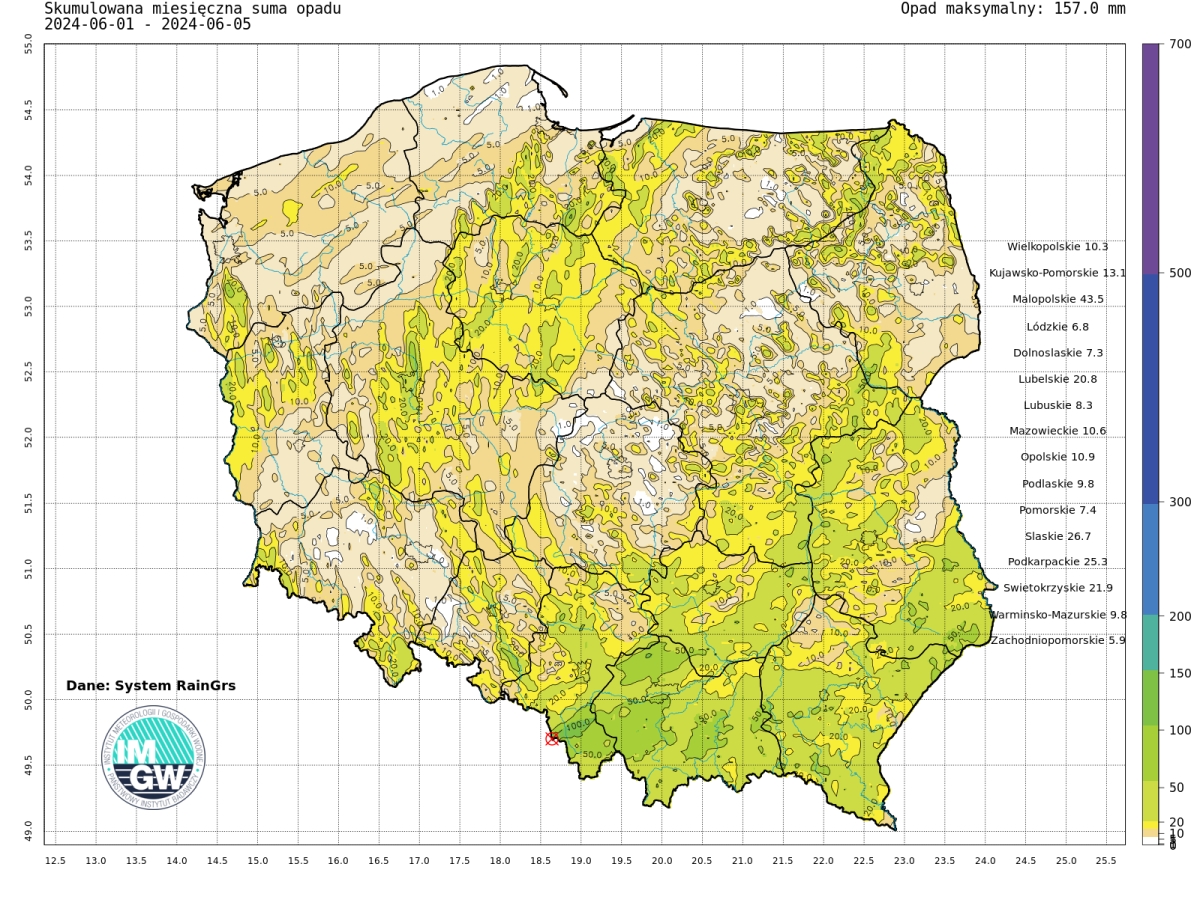 Suma skumulowanego opadu w czerwcu 2024.