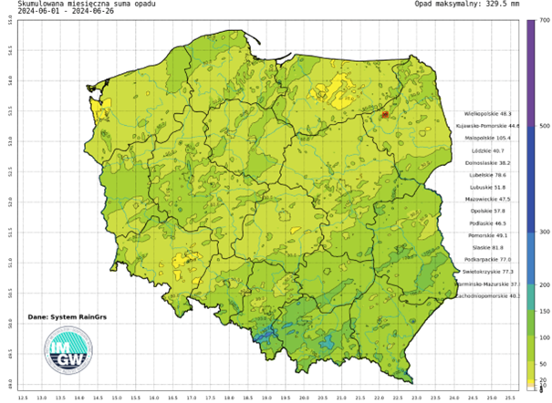 Suma skumulowanego opadu w czerwcu 2024 r.