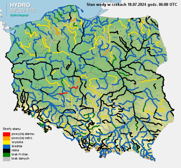 Stan wody na rzekach w Polsce 18.07.2024 r. godz. 8:00.