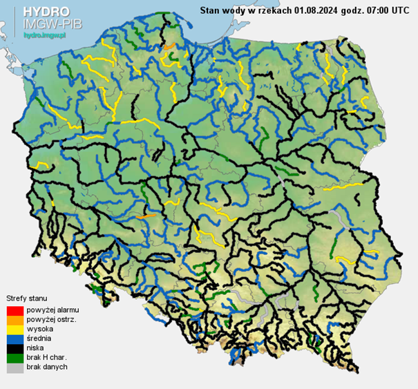 Stan wody na rzekach w Polsce, 01.08.2024 r., godz. 8:00.