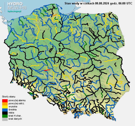 Stan wody na rzekach w Polsce 08.08.2024 r. godz. 8:00.