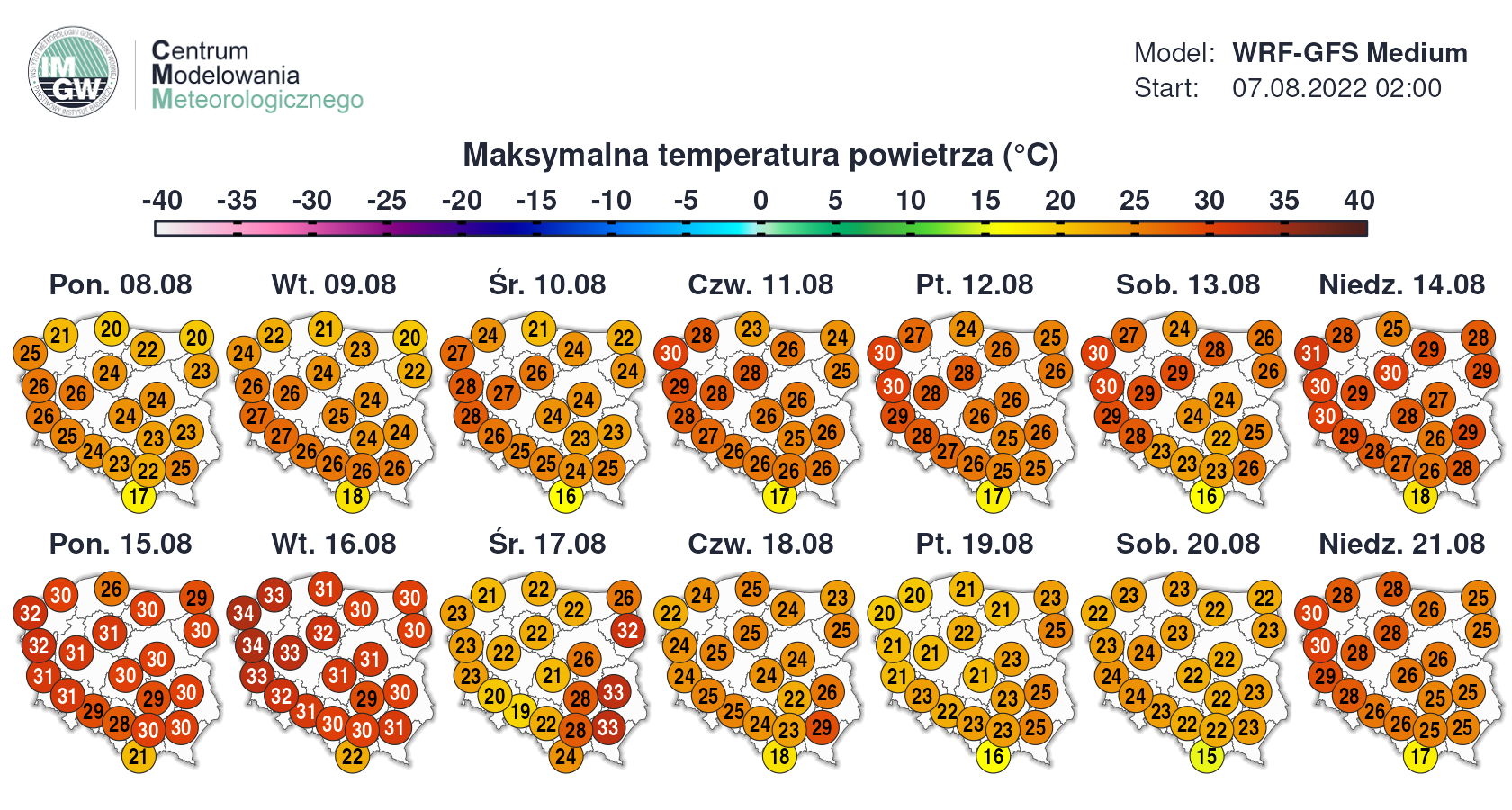 Prognoza maksymalnej temperatury powietrza na kolejne 2 tyg. wg modelu WRF-GFS Medium. | https://cmm.imgw.pl/