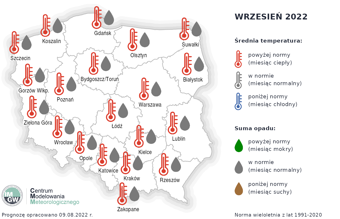 Prognoza średniej miesięcznej temperatury powietrza i miesięcznej sumy opadów atmosferycznych na wrzesień 2022 r. dla wybranych miast w Polsce.