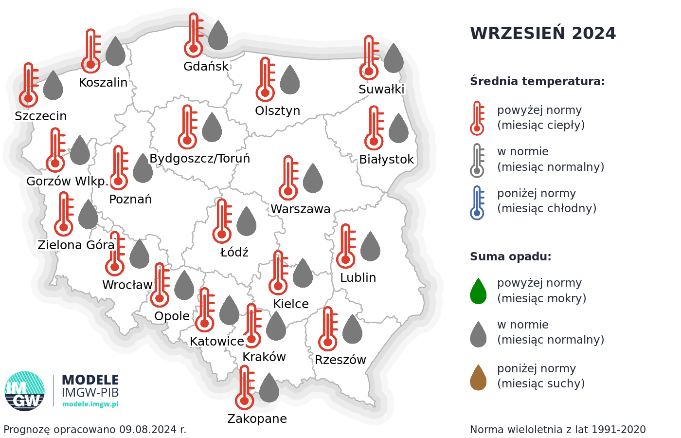 Rys. 1. Prognoza średniej miesięcznej temperatury powietrza i miesięcznej sumy opadów atmosferycznych na wrzesień 2024 r. dla wybranych miast w Polsce