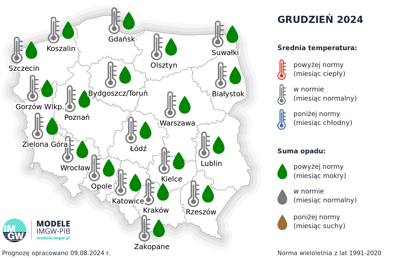 Rys. 4. Prognoza średniej miesięcznej temperatury powietrza i miesięcznej sumy opadów atmosferycznych na grudzień 2024 r. dla wybranych miast w Polsce