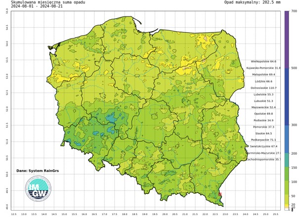 Suma skumulowanego opadu w sierpniu 2024.