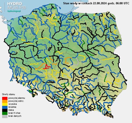 Stan wody na rzekach w Polsce 22.08.2024 r. godz. 8:00.