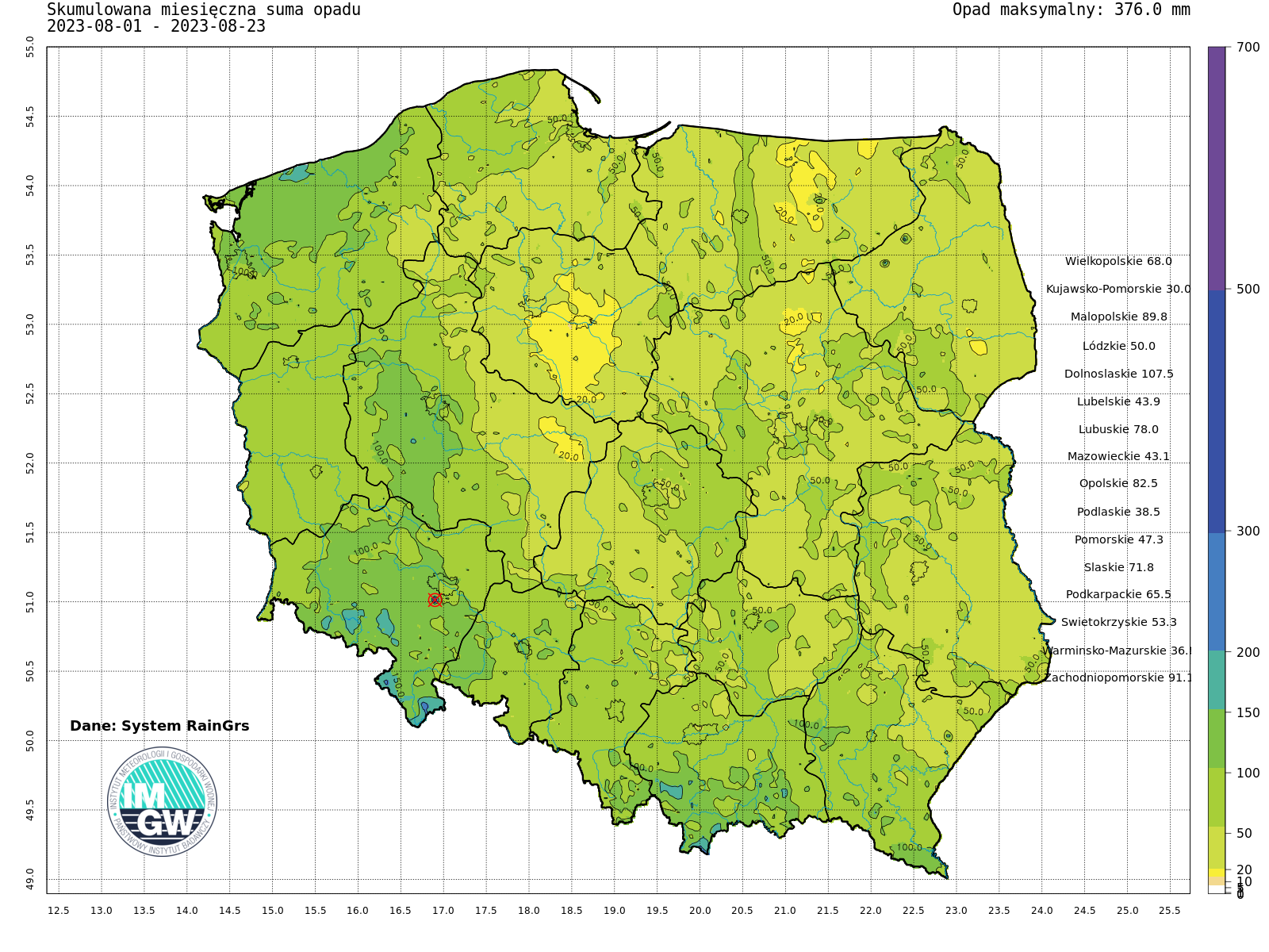 Suma skumulowanego opadu od początku sierpnia 2023.