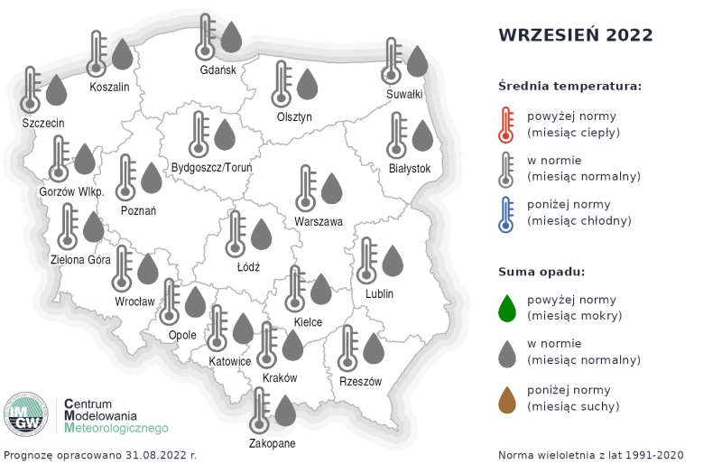  Rys. 1. Prognoza średniej miesięcznej temperatury powietrza i miesięcznej sumy opadów atmosferycznych na wrzesień 2022 r. dla wybranych miast w Polsce