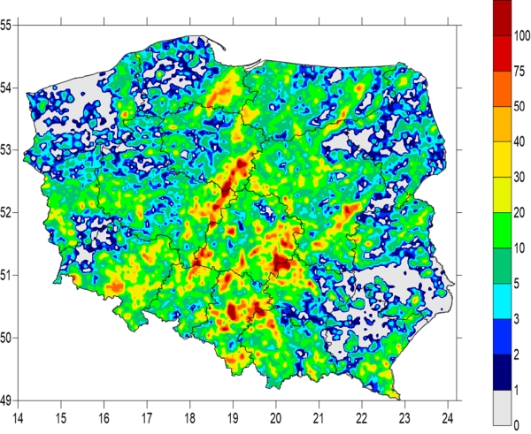 Liczba wyładowań doziemnych na 25 km2 – suma dla czerwca 2022 roku.