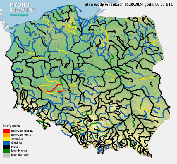 Stan wody na rzekach w Polsce, 05.09.2024 r., godz. 8:00.