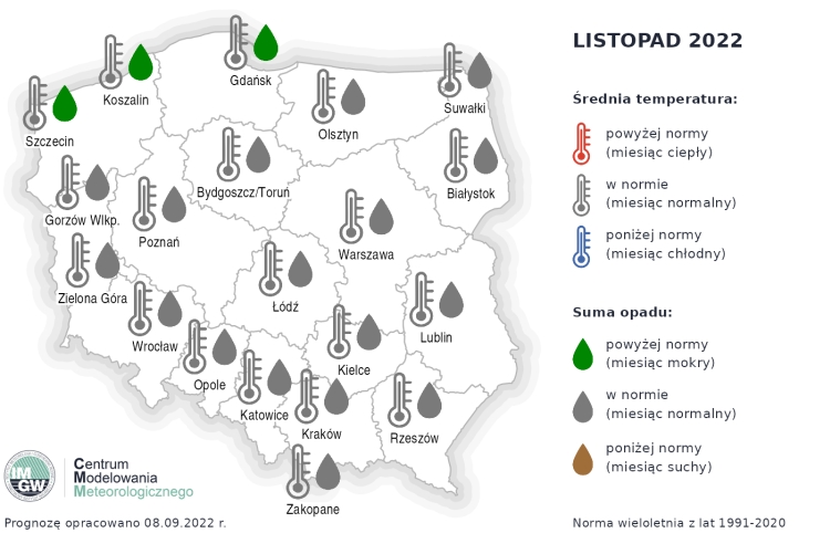 Prognoza średniej miesięcznej temperatury powietrza i miesięcznej sumy opadów atmosferycznych na listopad 2022 r. dla wybranych miast w Polsce.