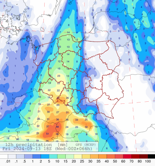 12 h suma opadów na godzinę 18 UTC (20:00) w piątek, model GFS.