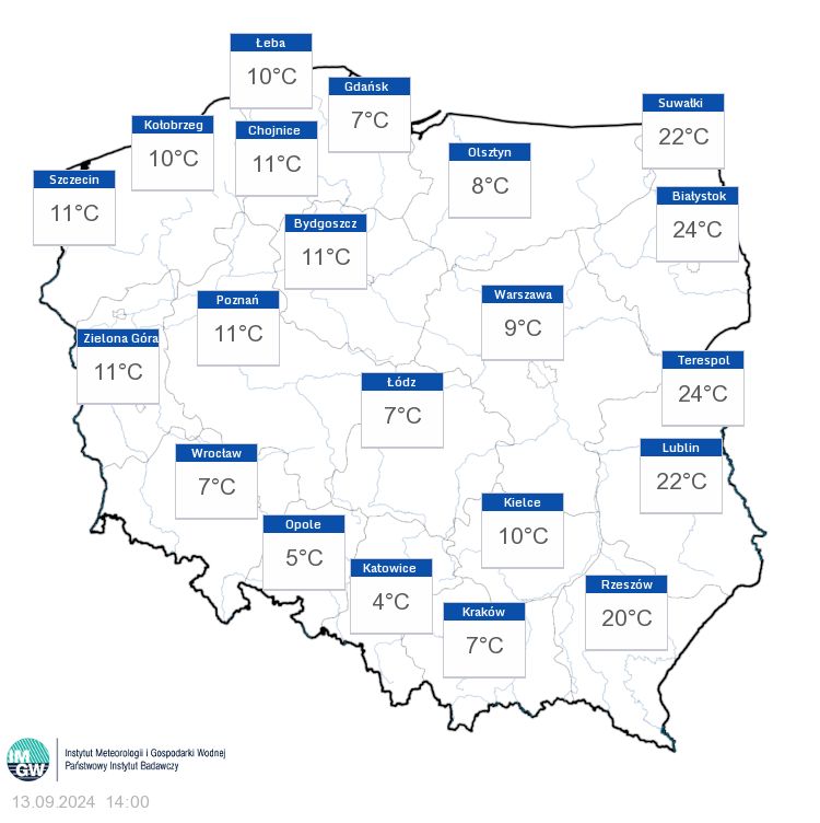 Prognozowana temperatura odczuwalna w dn. 13.09.2024 r. o godz. 8:00, 14:00 i 20:00