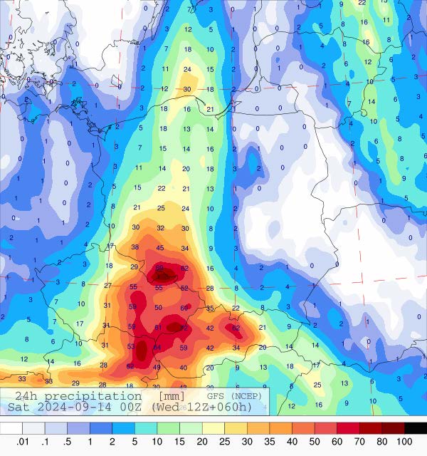 Prognozowana dobowa suma opadów na piątek (13.09.2024) wg wyników modeli GFS.