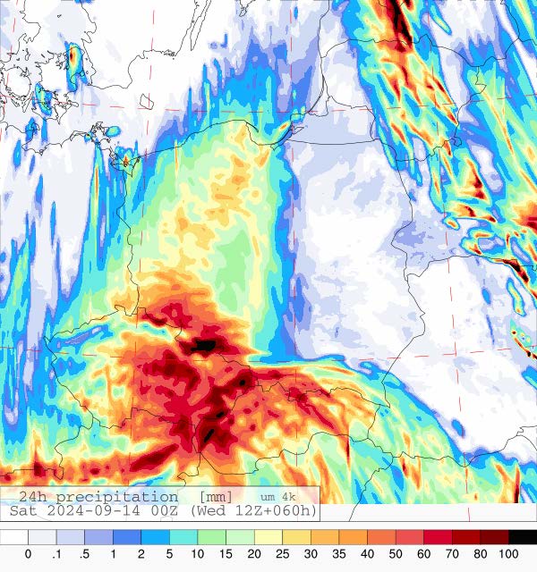 Prognozowana dobowa suma opadów na piątek (13.09.2024) wg wyników modeli UMPL.