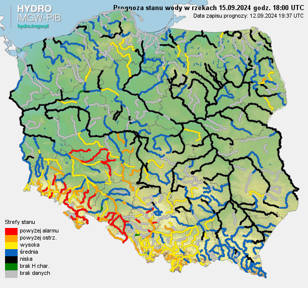 Prognozowana sytuacja hydrologiczna 15.09.2024 r. (18 UTC)