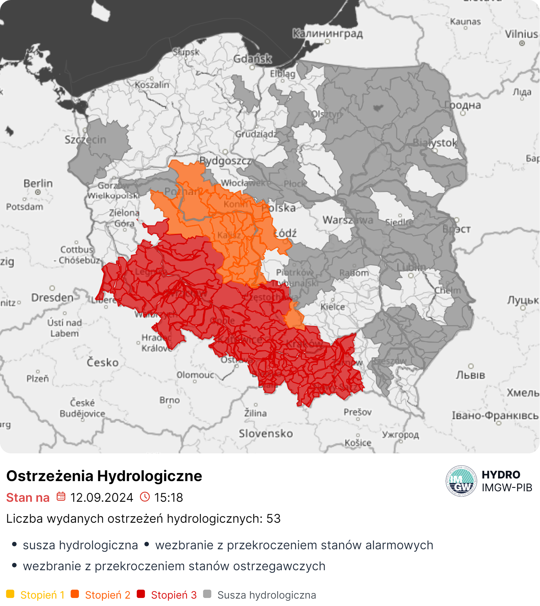 Mapa obowiązujących ostrzeżeń hydrologicznych. Źródło: IMGW-PIB