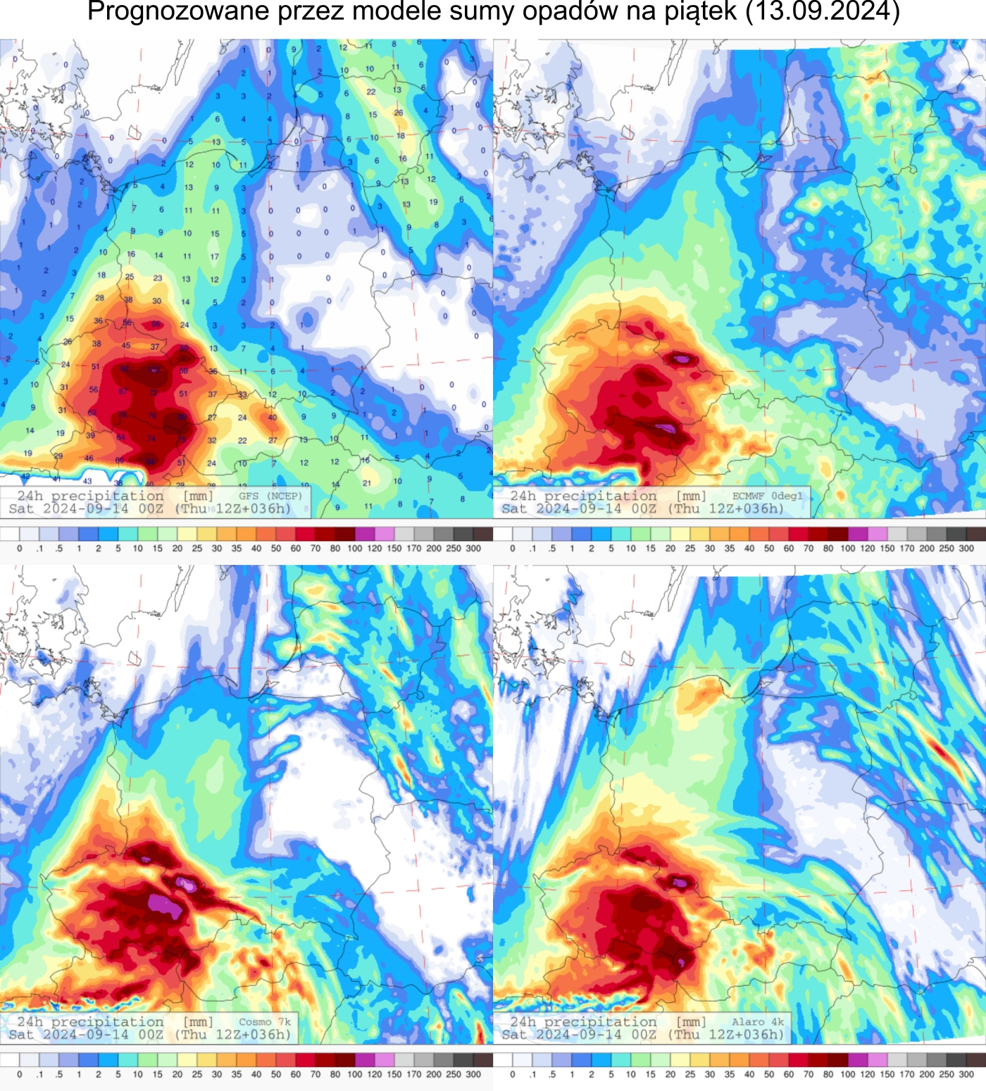 Prognozowana dobowa suma opadów na piątek (13.09.2024) wg wyników modeli GFS 0.25°, ECMWF 0.1°, COSMO 7 km i Alaro 4 km.