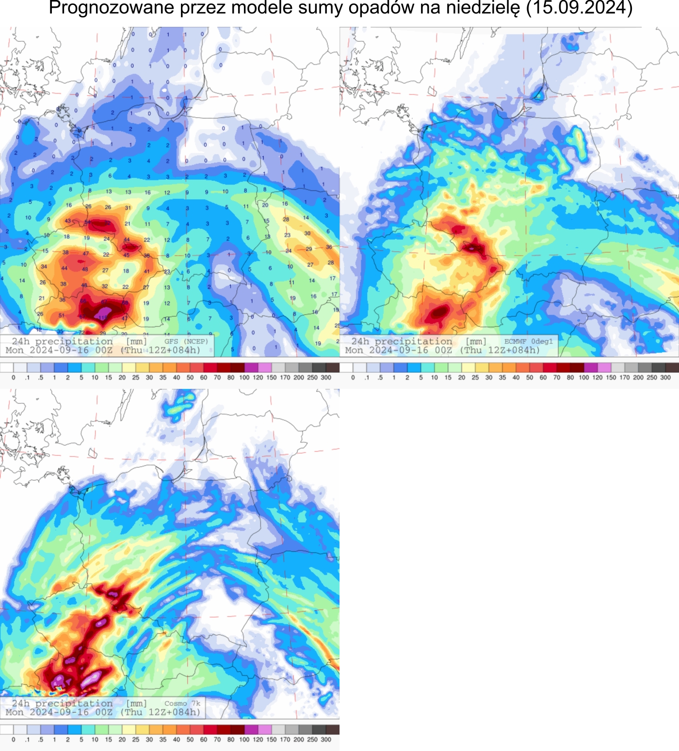 Prognozowana dobowa suma opadów na niedzielę (15.09.2024) wg wyników modeli GFS 0.25°, ECMWF 0.1° i COSMO 7 km.