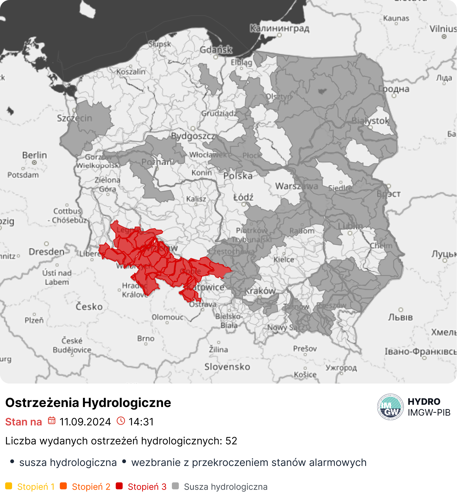 Mapa obowiązujących ostrzeżeń hydrologicznych. Źródło: IMGW-PIB