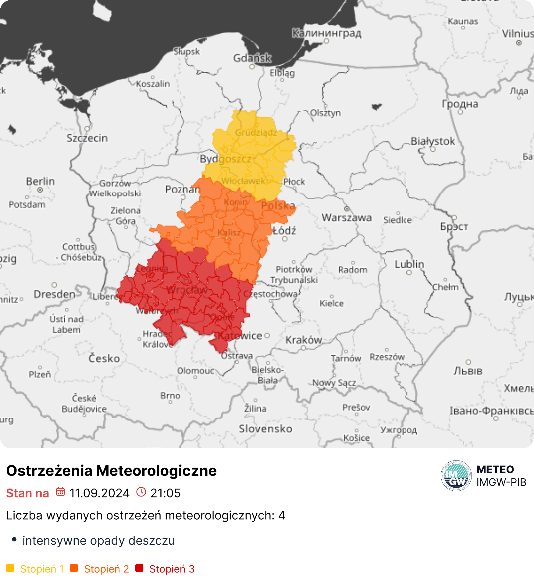 Mapa obowiązujących ostrzeżeń meteorologicznych. Źródło: IMGW-PIB