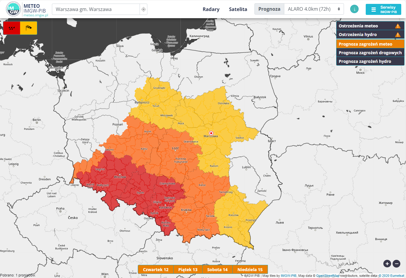 Mapa przewidywanych zagrożeń meteorologicznych (potencjalnie możliwych ostrzeżeń) od czwartku do niedzieli