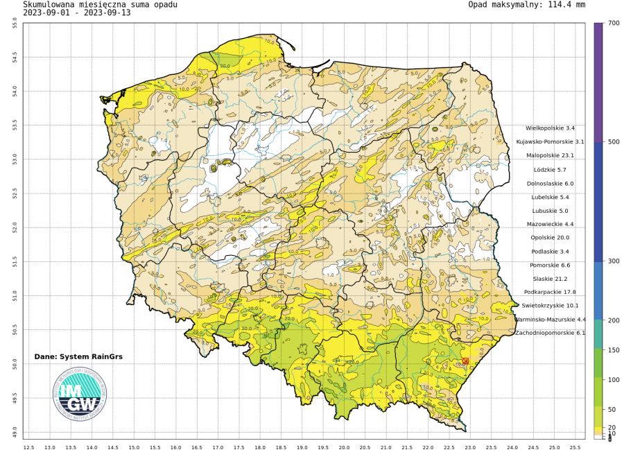 Suma skumulowanego opadu od początku września 2023.