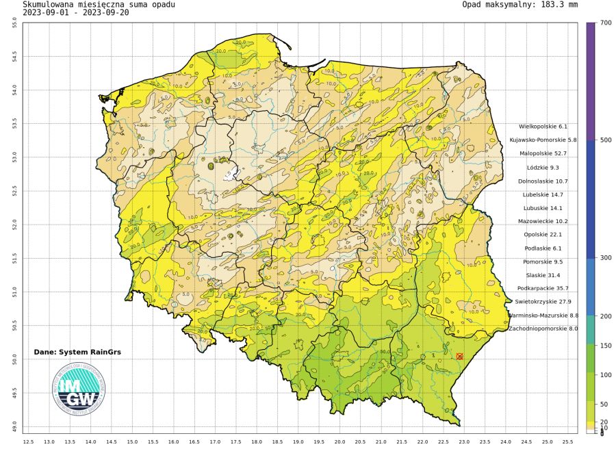 Suma skumulowanego opadu od początku września 2023.