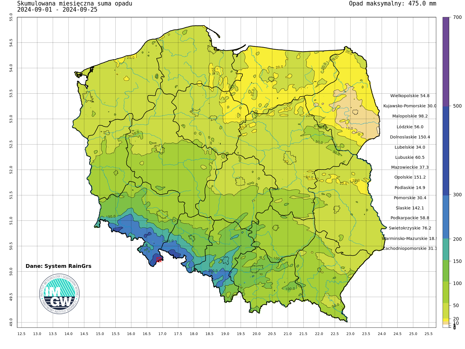 Suma skumulowanego opadu we wrześniu 2024 r.