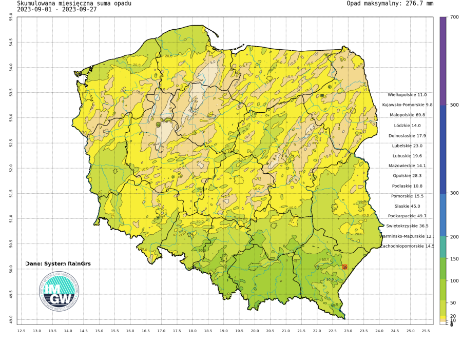 Suma skumulowanego opadu od początku września 2023.